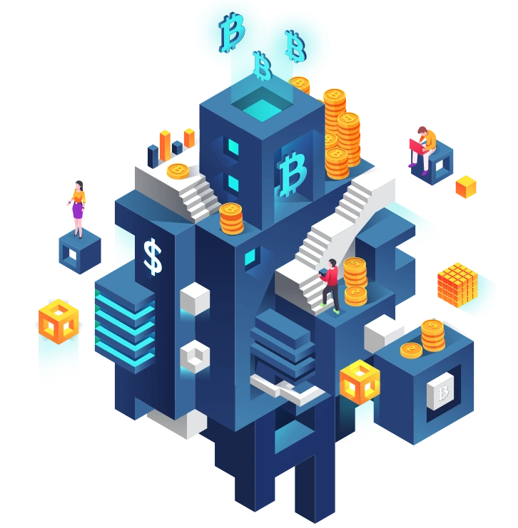 Illustrazione isometrica di un edificio legato alla blockchain e alle criptovalute, con simboli Bitcoin e monete digitali che rappresentano autonomia finanziaria.