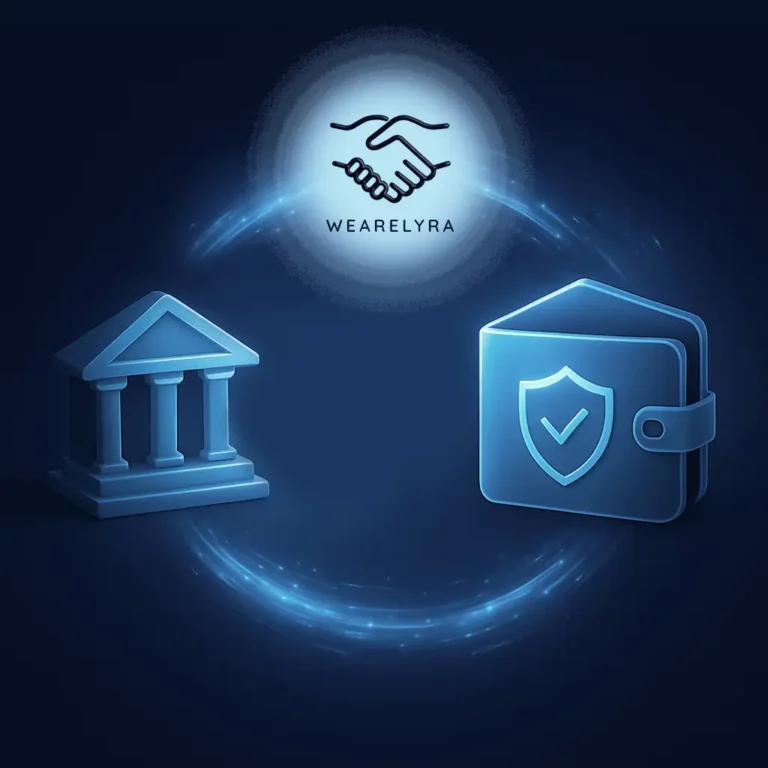 Illustrazione del trasferimento di fondi da una banca a un wallet digitale, con icone di banca, stretta di mano e portafoglio protetto.